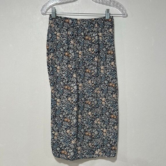 Abercrombie & Fitch Floral Midi Skirt XS Blue Ruched Slit Boho Cottagecore - Picture 2 of 7